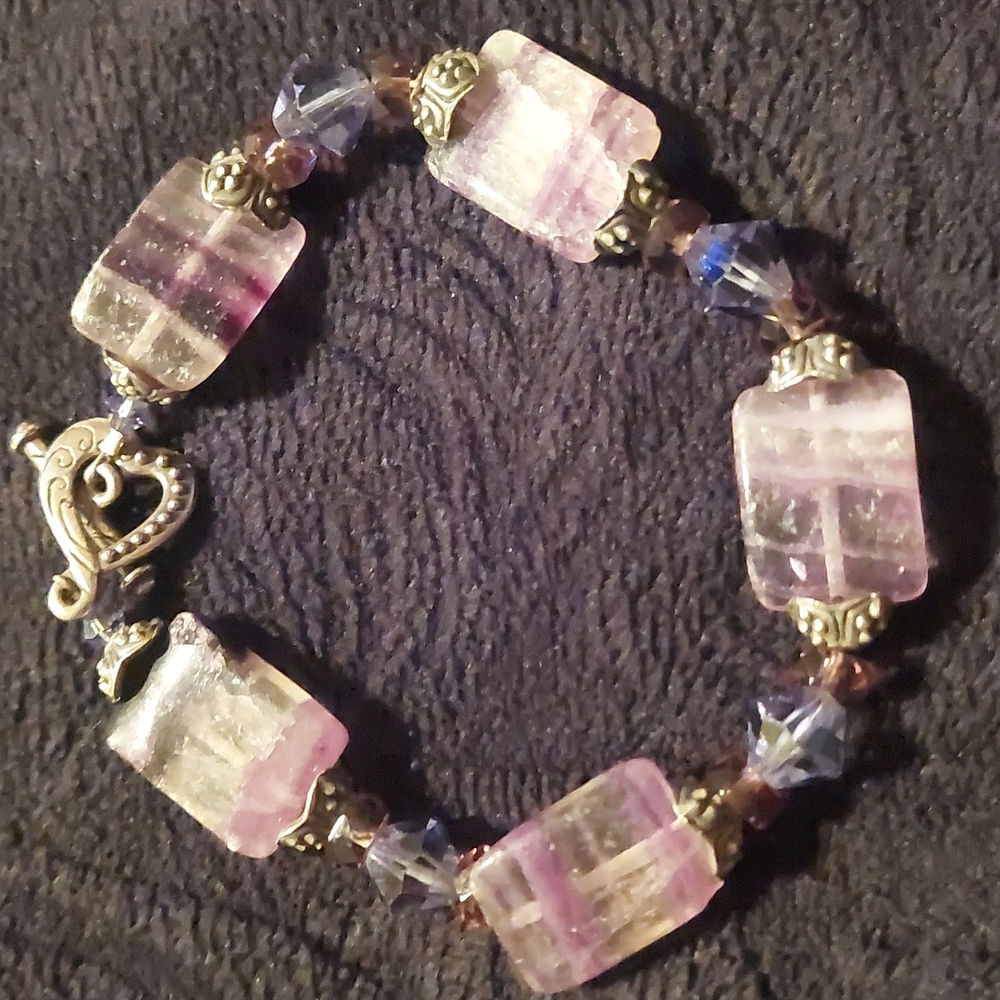 Rose Quartz Purple Tone Crystal Beaded Toggle Bracelet Ornate Heart Love